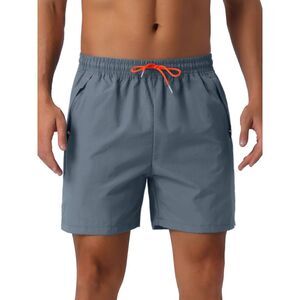 Summer Elastic Waist Drawstring Mesh Lining Swimming Beach Shorts Gray
